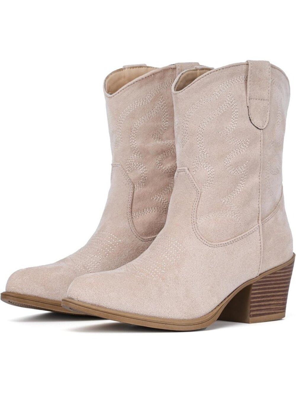 Women's Suede Ankle Western Cowgirl Beige Mid Calf Pointed Toe Short Booties